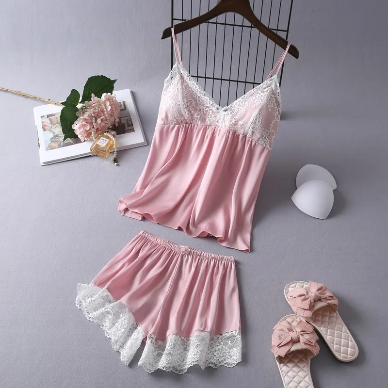 

Сексуальный кружевной лоскутный топ на бретельках и шорты, 2 шт., пижамы, короткий пижамный костюм, женская атласная ночная рубашка, одежда для отдыха, весенняя одежда для сна