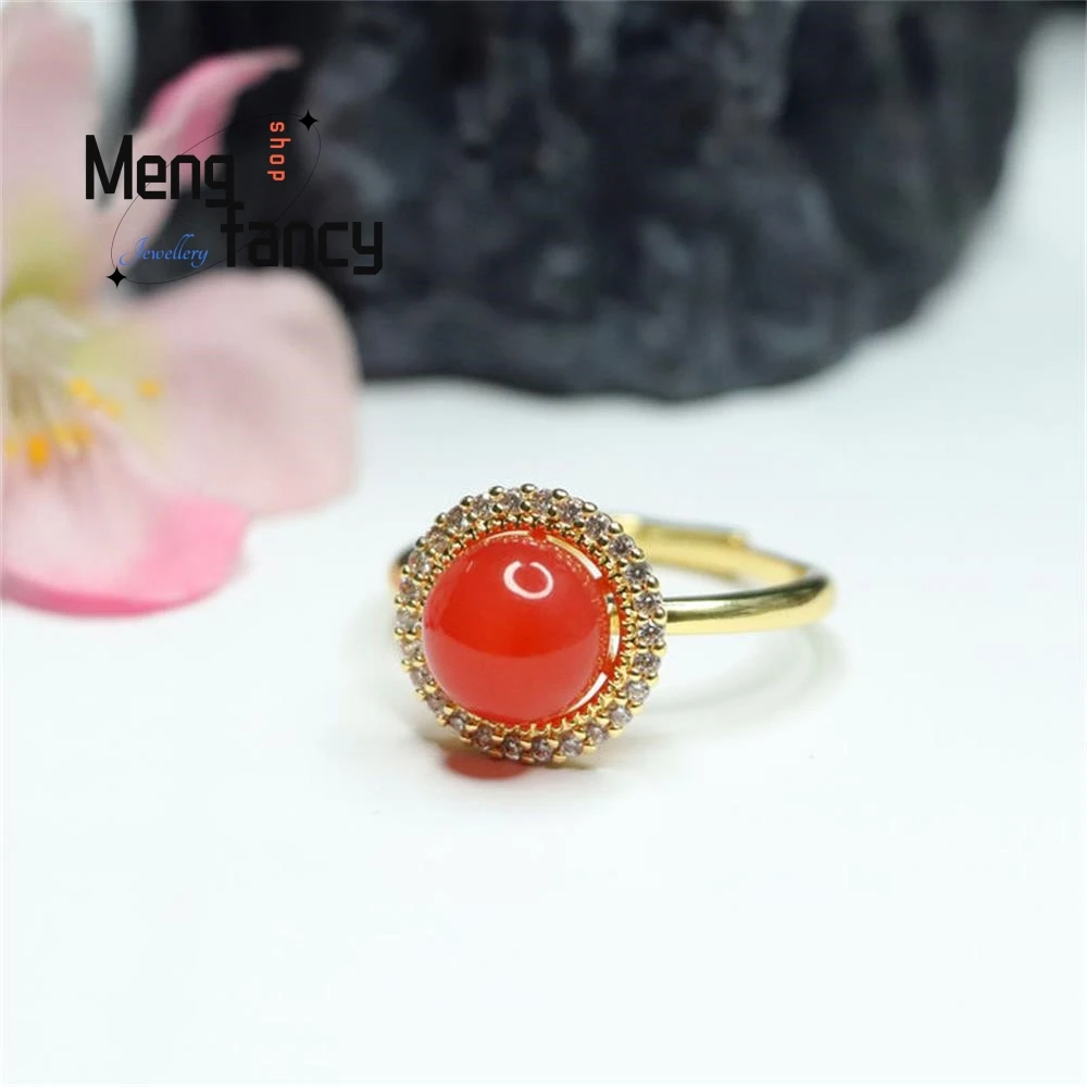 Natural Salt Source Agate Round Beads Ring Charm Elegant High-grade Exquisite Couple Luxury Quality Fashion Jewelry Holiday Gift