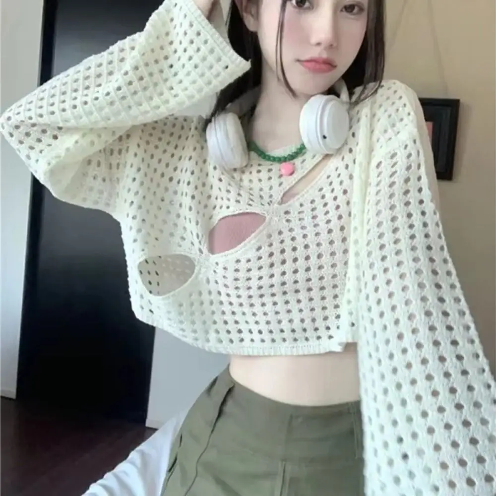 High Street Sweater Long Sleeve Hollowed Out Smock Loose Pullover Solid Cropped Tops Round Neck Y2K Hollow Out Knit Tops Summer