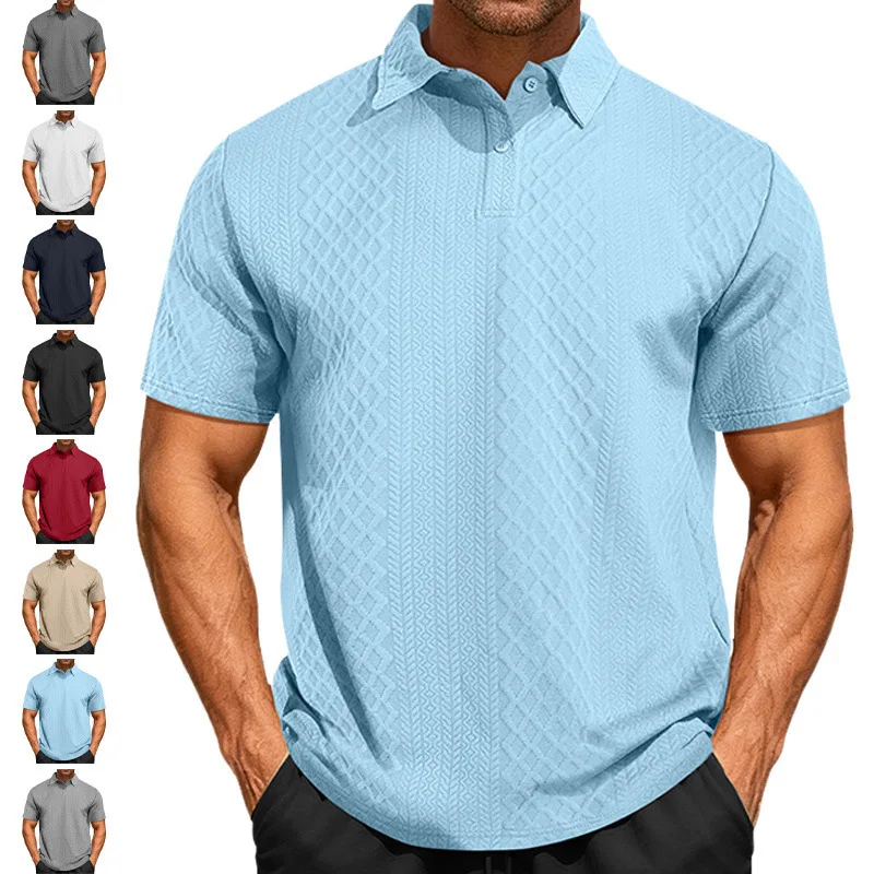 Men's Jacquard Textured Polo Shirt Short Sleeve Lapel Collar Button Placket Casual Business Summer Men Tops