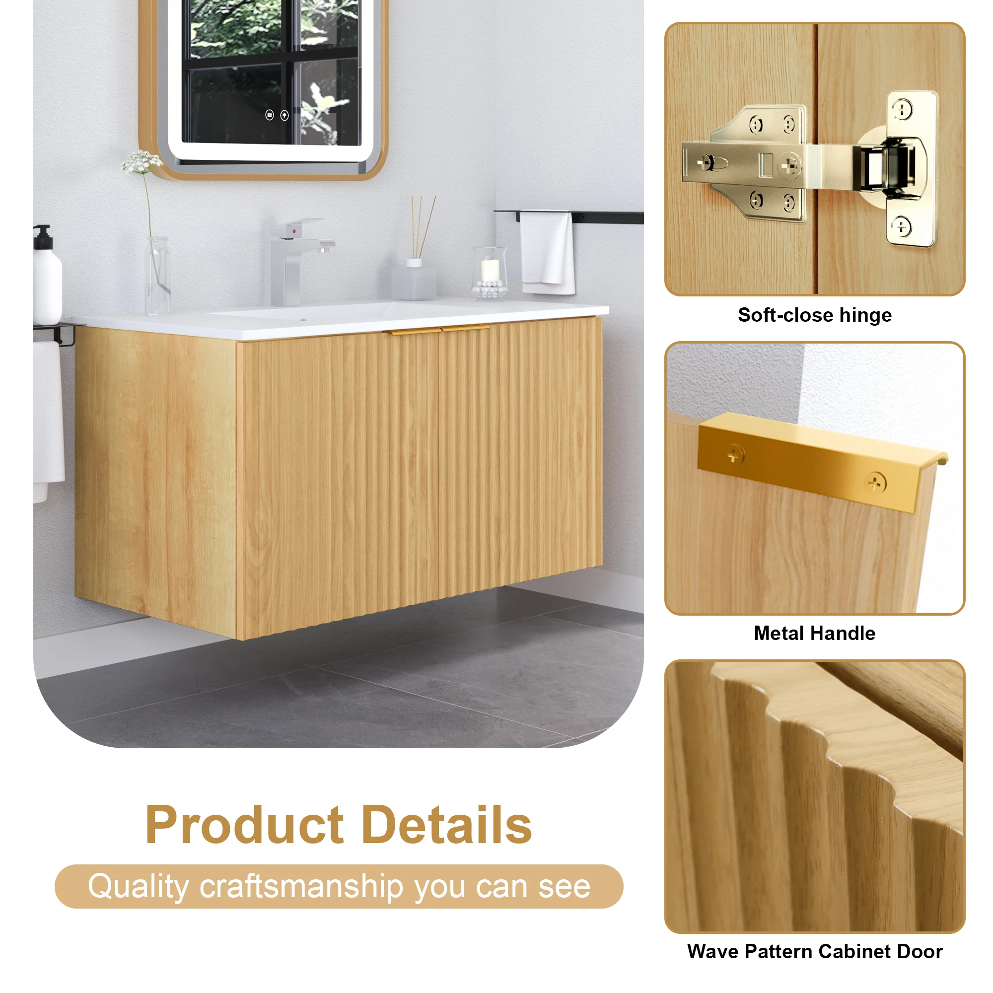 36in Vertical Stripe Wall-Mounted Open Storage Cabinet Retro Single-Layer Large Capacity Suitable for The Bathroom Without Sink