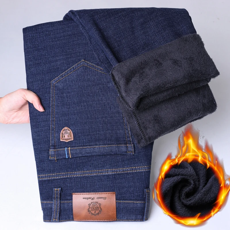 

Мужские зимние теплые бархатные джинсы, классические деловые модные джинсовые брюки на флисовой подкладке, прямые синие, черные рабочие брюки, мужская одежда