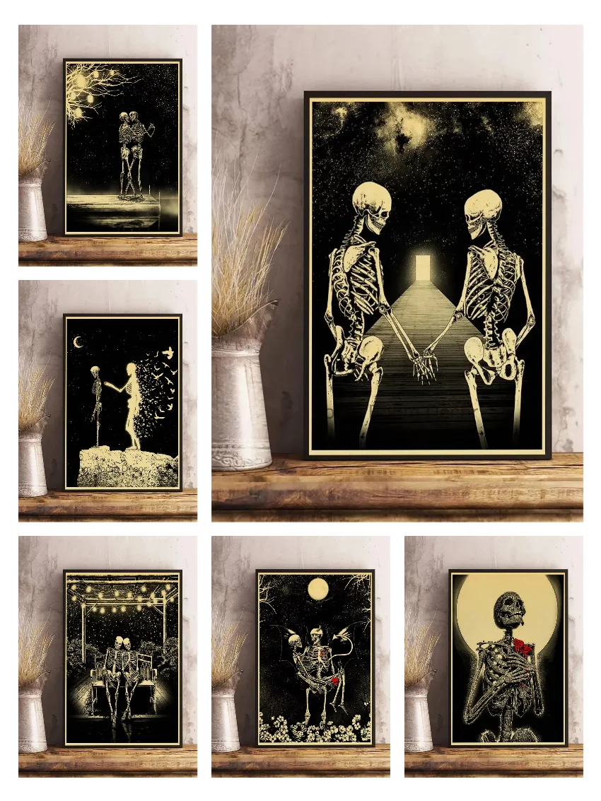 Vintage Skeleton Couple Starry Night Print wall decoration,Gothic Dark Romantic Poster Halloween Christmas Aesthetic Room Dec