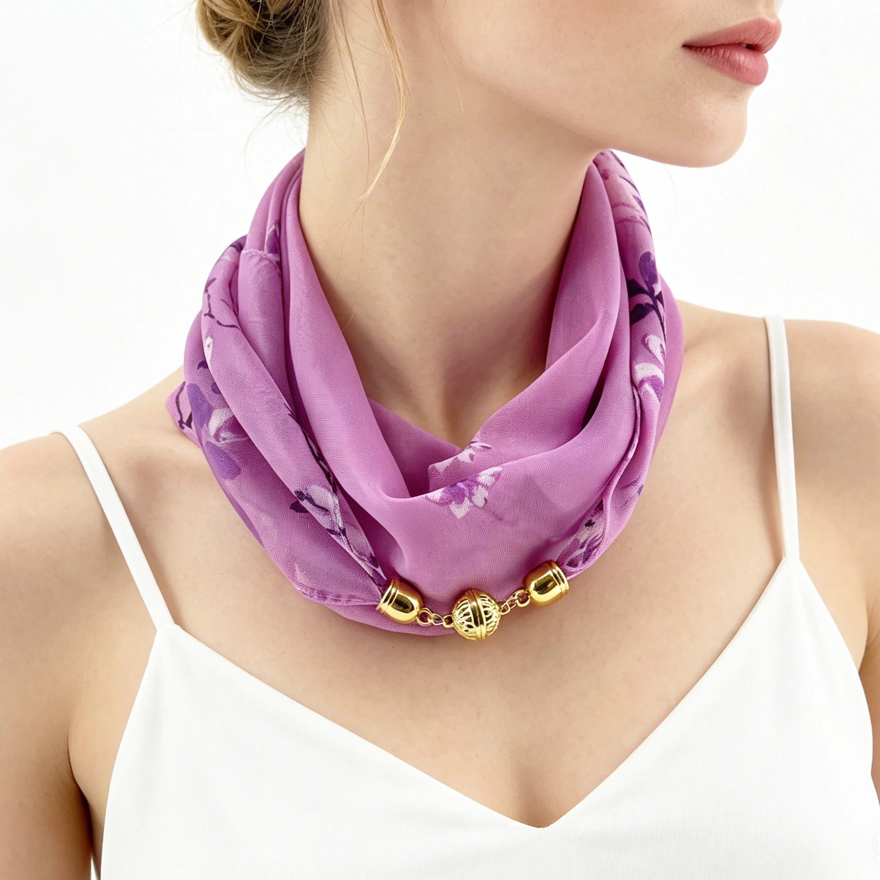 Magnetverschluss Dünner Chiffon Dekorativer Halstuch, Magnolien-Druck Halstuch, Lazy Scarf Schnell und Einfach zu Befestigendes Halstuch – Detail 8