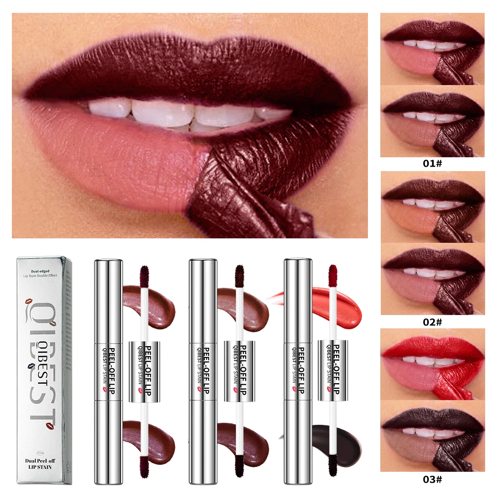 

QIBEST 2 In 1 Lipliner Peel Off Tattoo Lipgloss Long Lasting Matte Lip Tint Brown Contour Double Ended Tear-off Lip Stain Makeup