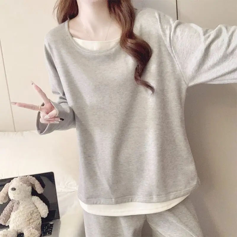 Young Girls Pajamas Autumn Winter Women Student Round-neck Warm Loungewear Girls Long-sleeve Cashmere Tops Woman Casual Homewear
