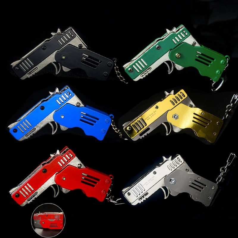 Metal Mini Foldable Rubber Band Gun Children Adult Toys Small Gifts Convenient Rubber Band Gun Keychain Pendant