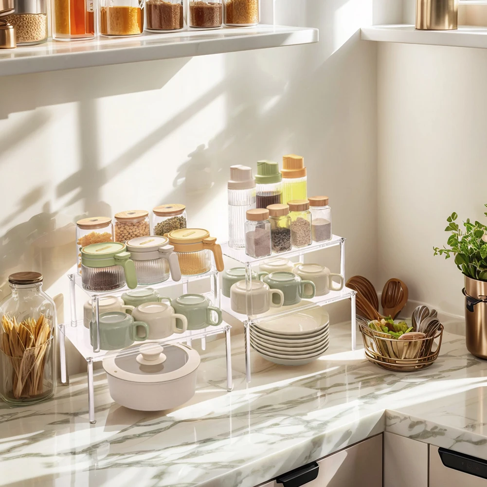 

4 Pack Clear Acrylic Cabinet Organizer Shelf Risers Kitchen Counter Shelves Organizer for Dishes Spices Soda Cans and Bottles