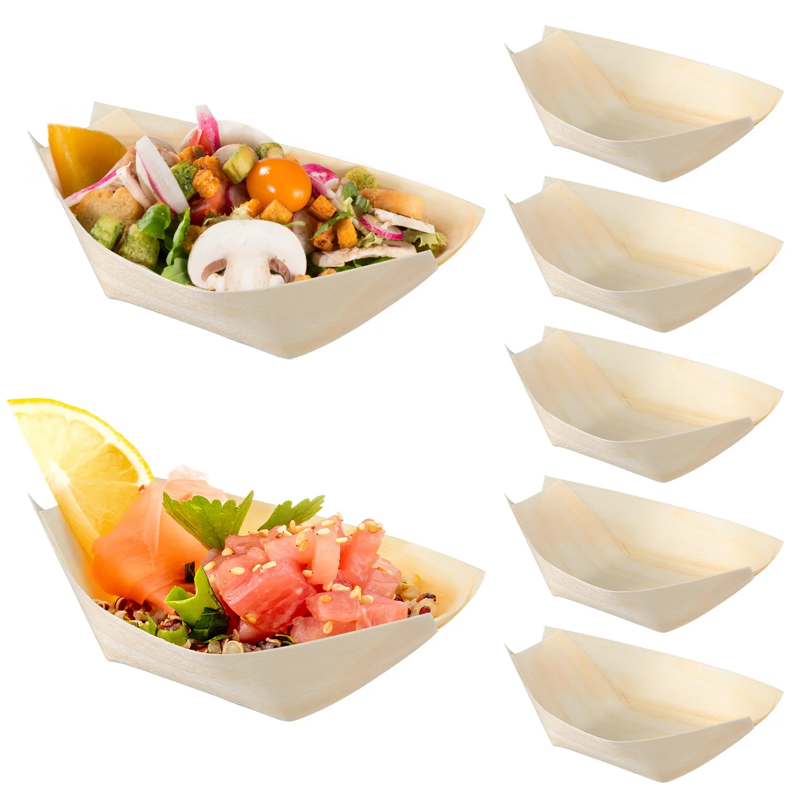 

100 Pcs Disposable Sushi Wood Boat Tortilla Press Plates Dessert Serving Tray Container Dishes