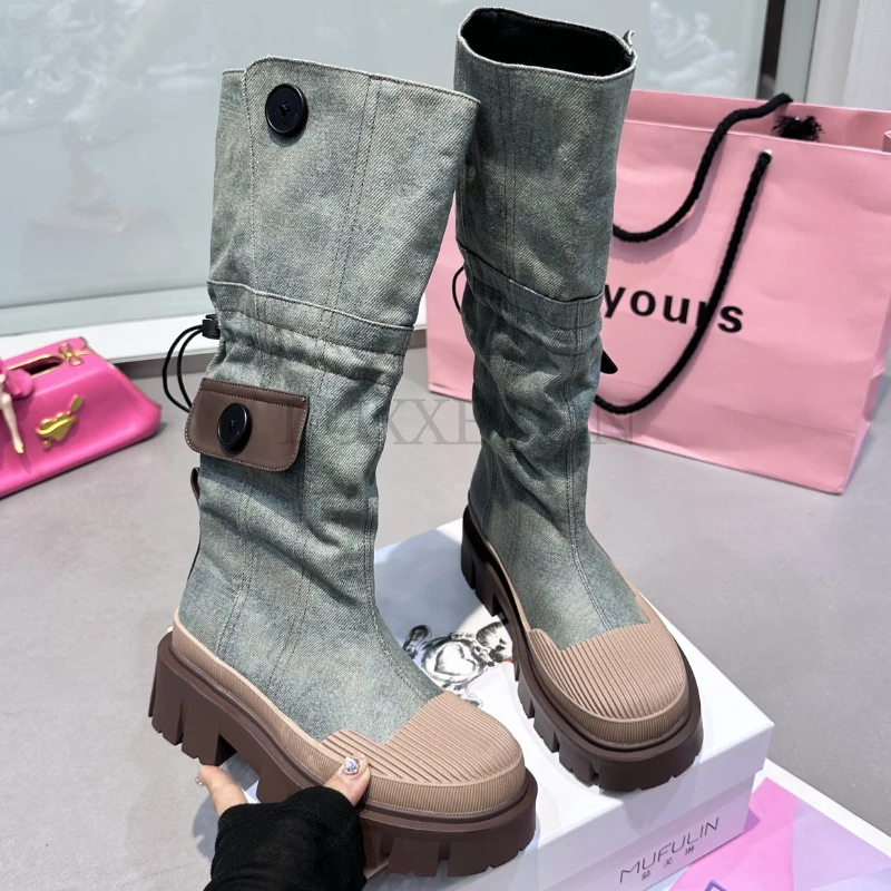 Mid Calf Denim Boots Women 2023 Autumn Retro Chunky Platform Long Boots Woman Slip on Thick Heels Cargo Boots Pocket Decor