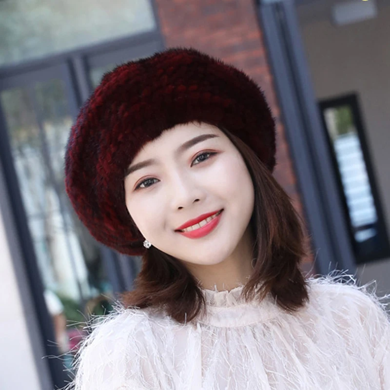 Real Mink Fur Berets Elegant Women\'s Winter Caps New Design Fashion Fur Hats Knitted Warm Natural Mink Fur Beanies Hat