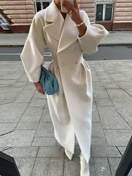 Women Lapel Lantern Sleeve Long Jackets Solid Double Breasted Waist Fold Woolen Coat Winter Thick Warm Female Elegant Outwear