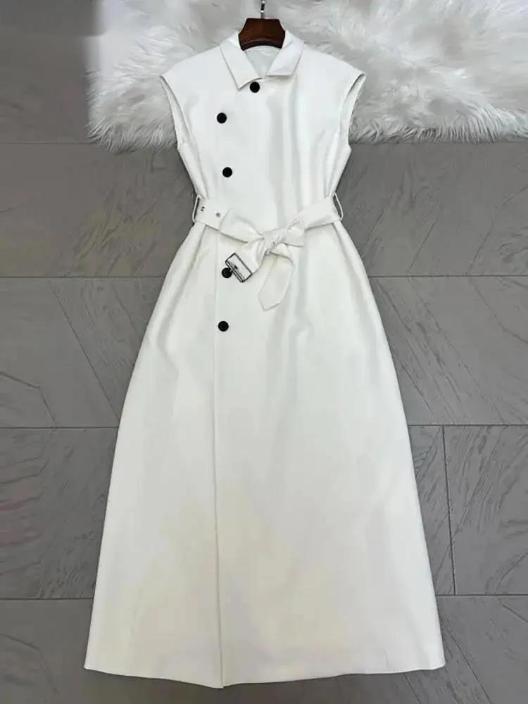 Fashion Black Dress Women Lapel Slim Fit Single Braested Sleeveless Sashes A-line Ankle-length Dresses Autumn New 3XDO