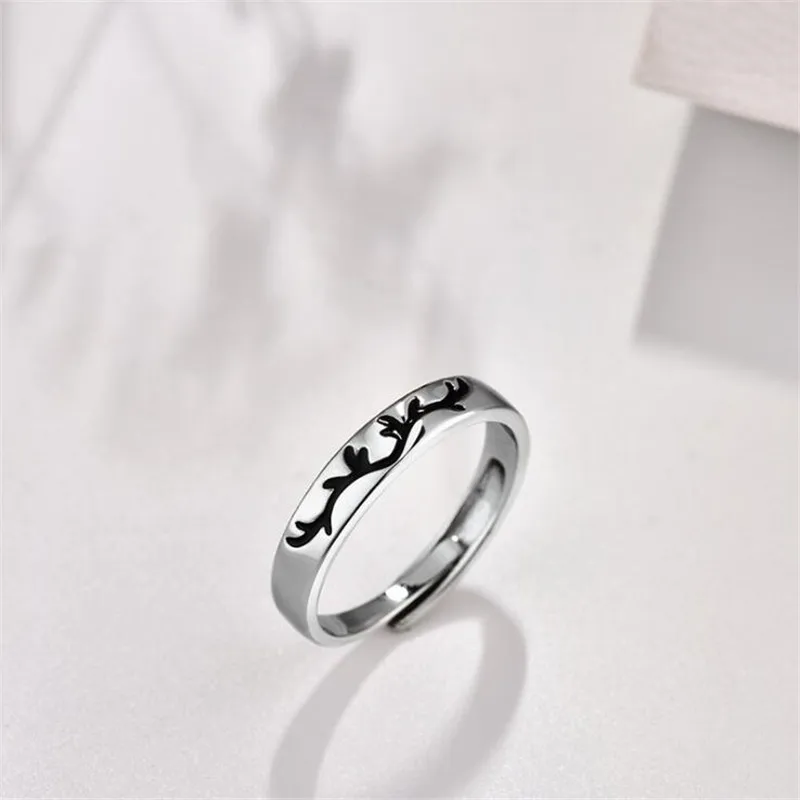 New Fashion Moonstone Temperament 925 Sterling Silver Jewelry Personality Deer Antler Animal Opening Couple Rings