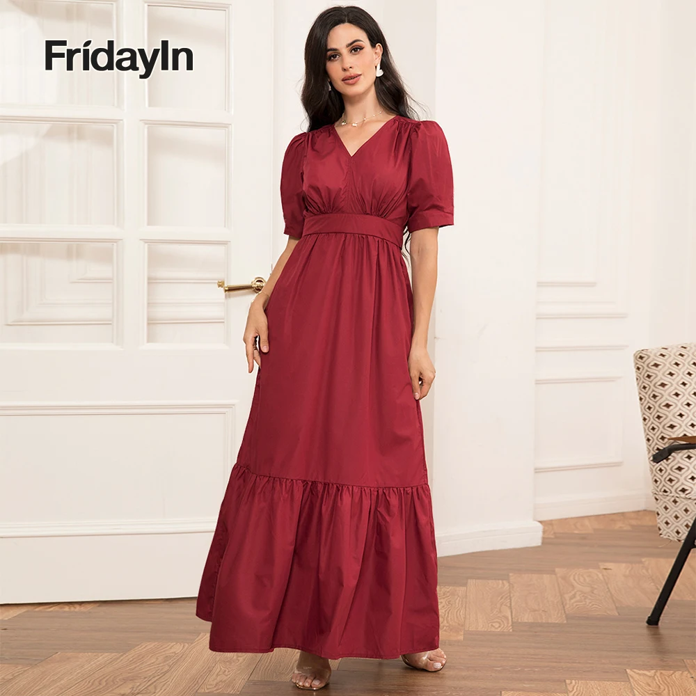 

Fridayin Summer Elegant Style Long Dresses for Women Solid Color V-neck short Sleeve Tunic Slim Party Skirts for Ladies