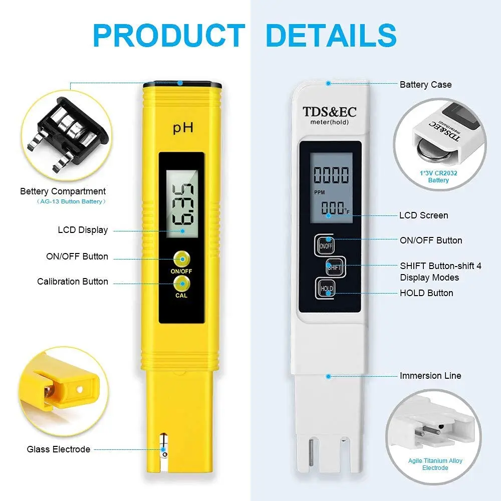 TDS Meter Digital Water Tester High Accuracy Digital 0-14 PH Meter Tester 0-9990ppm TDS&EC LCD Water Purity PPM Aquarium Filter