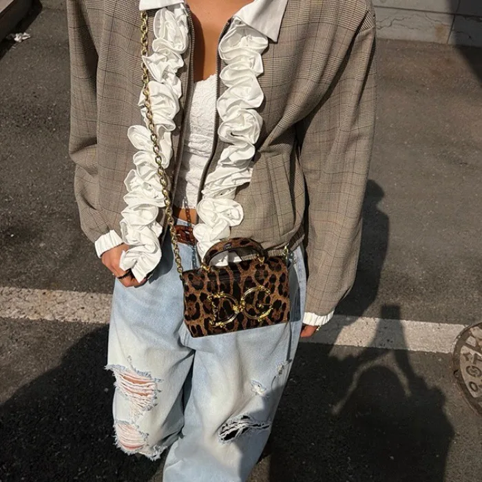 Korean Style Ins Retro Plaid Color Block Flower Decoration Short Jacket Women's Autumn Design Unique Coat Top Polyester Fiber