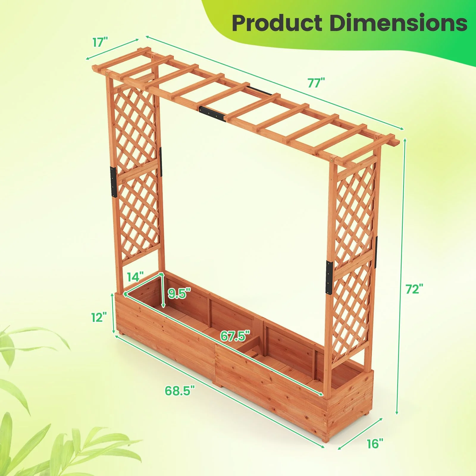 Freestanding Garden Planter Box Wood Raised Bed Trellis Hanging Roof Bottom Drainage Holes For Flower Fruit Herb Climbing Vines