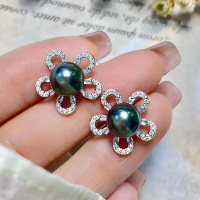 Stunning Natural AAAAA 6-7mm South Sea Black round Pearl Earrings 925s Sterling Silver Hypoallergenic Post Back