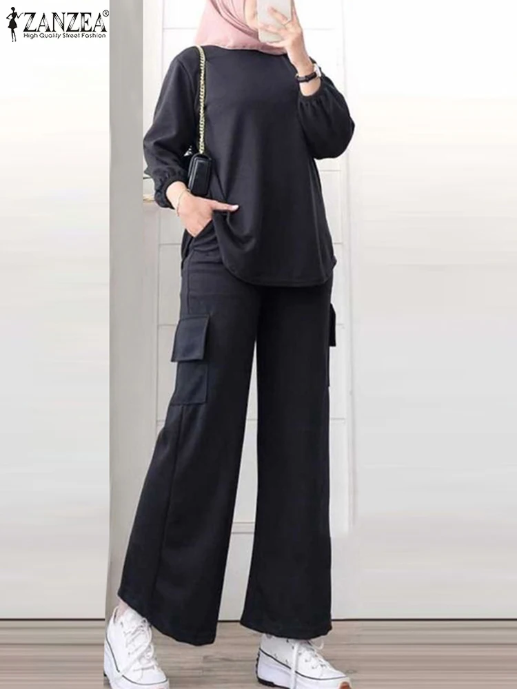 Костюм ZANZEA мусульманский Модный стильный из 2 предметов, топ с рукавом 3/4, весенние повседневные брюки с широкими штанинами, Женский исламский свободный спортивный костюм