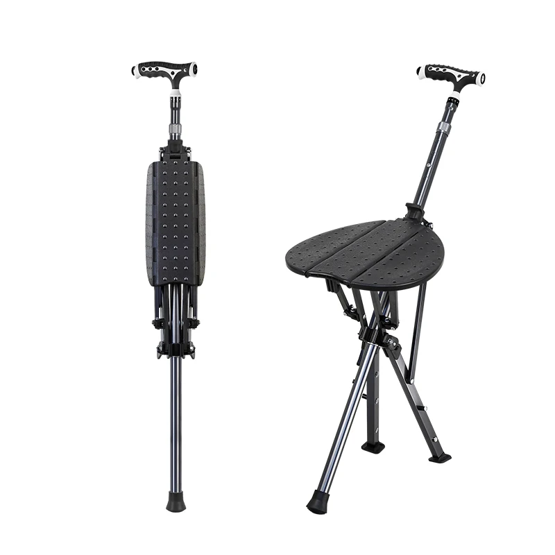 Upgraded Quick Open Height Adjustable Triangular Support Walking Stick, LED Light, Seat for Elderly, Stable and Durable Aid