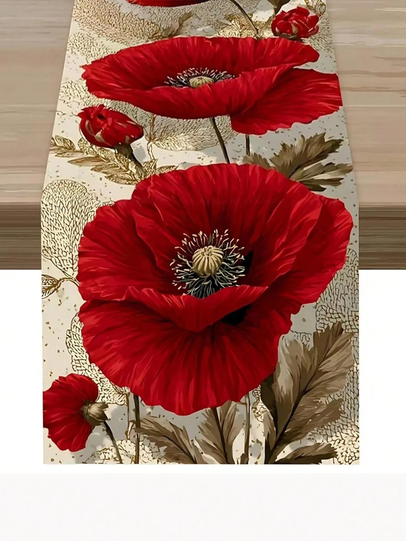 1pc Red Poppy Linen Table Runner Floral Flower Print Tablecloth for Dining Table Kitchen Living Room Style Home Tabletop Party D