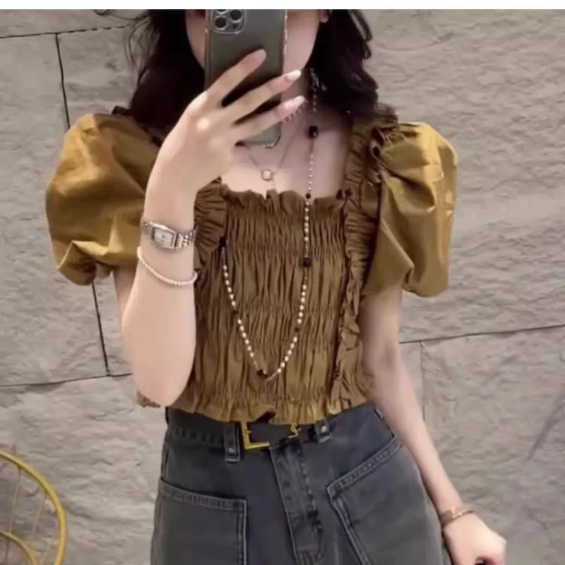 Summer Cute Chic Doll Version Puff Sleeve Pleated Design Tops New Korean Harajuku Style Loose Popular Shirts Women Clothing