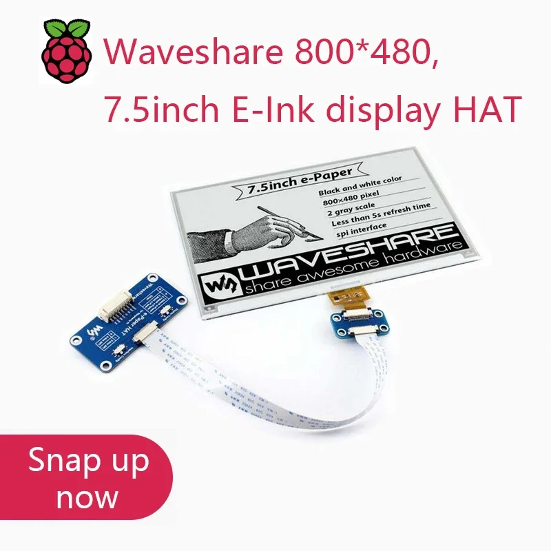 AeroPartsWaveshare 800*480,7.5inch E-Ink Display HAT For Raspberry Pi 2B/3B/Zero/Zero W,Two-color:Black White,SPI Interface,No B
