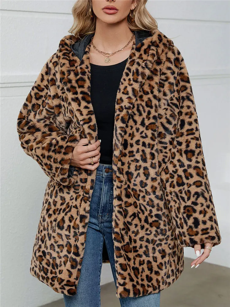 Women Leopard Faux Fur Coat Hooded Plus Size 3XL Sherpa Coat Thick Version Faux Mink Leopard Cardigan Winter Luxury Streetwear