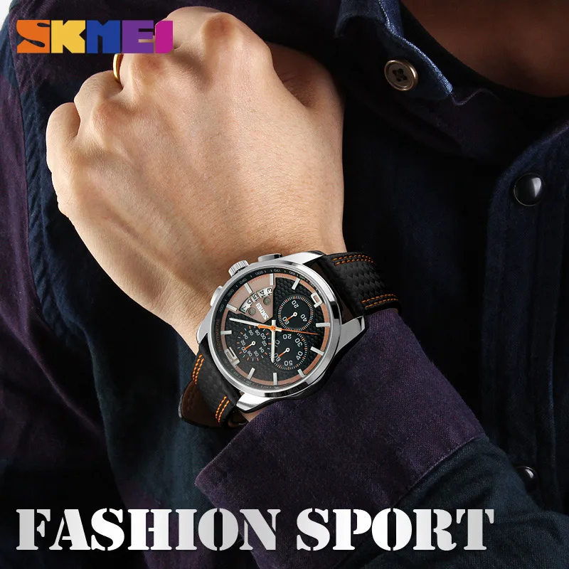 SKMEI-Reloj de pulsera de cuarzo para hombre, cronógrafo de lujo con correa de cuero, resistente al agua, 5bar, 9106