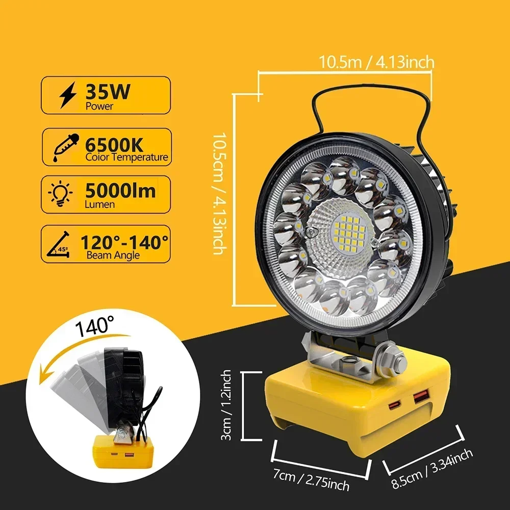 33 LED Working Lights Flashlight Torch Spotlights Type C USB Power Bank For DeWalt 18V 20V Lithium Battery High Low Beam Control