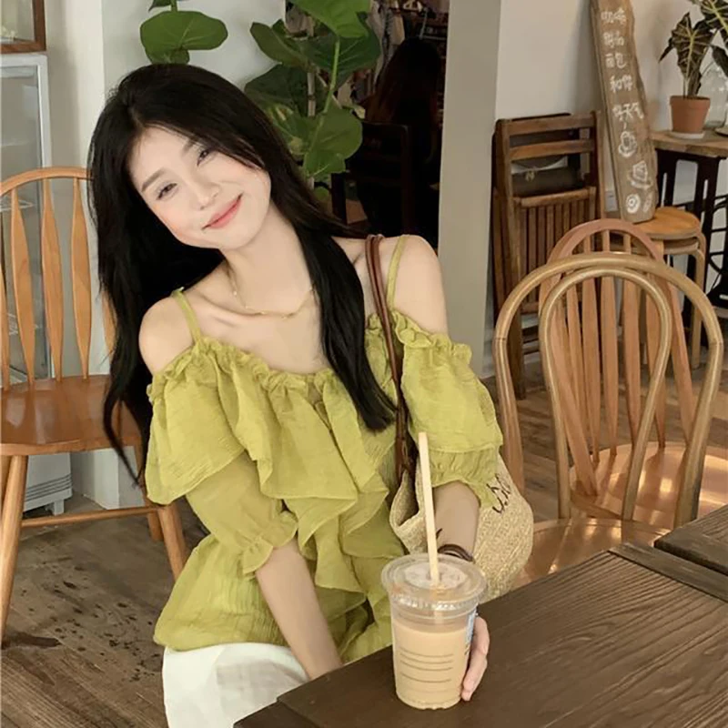 Elegant Off Shoulder Solid Color Ruffles Blouse Female Clothing 2024 SummerNew Chic Tops Commute Short Sleeve Shirt