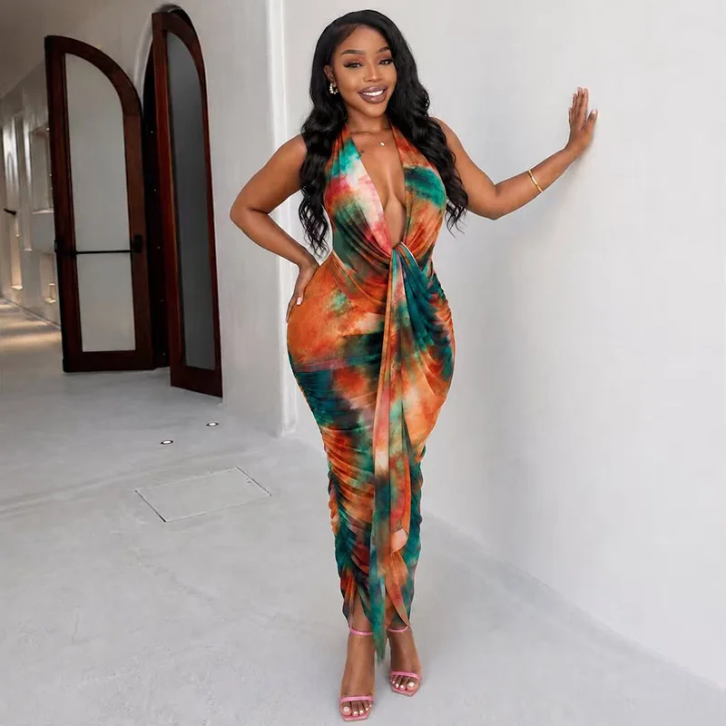 Trend Holiday Random Women's Clothes With Printed Design, Suspend Neck, Body Skirt Color-blocked V-neck Sleeveless Clothes