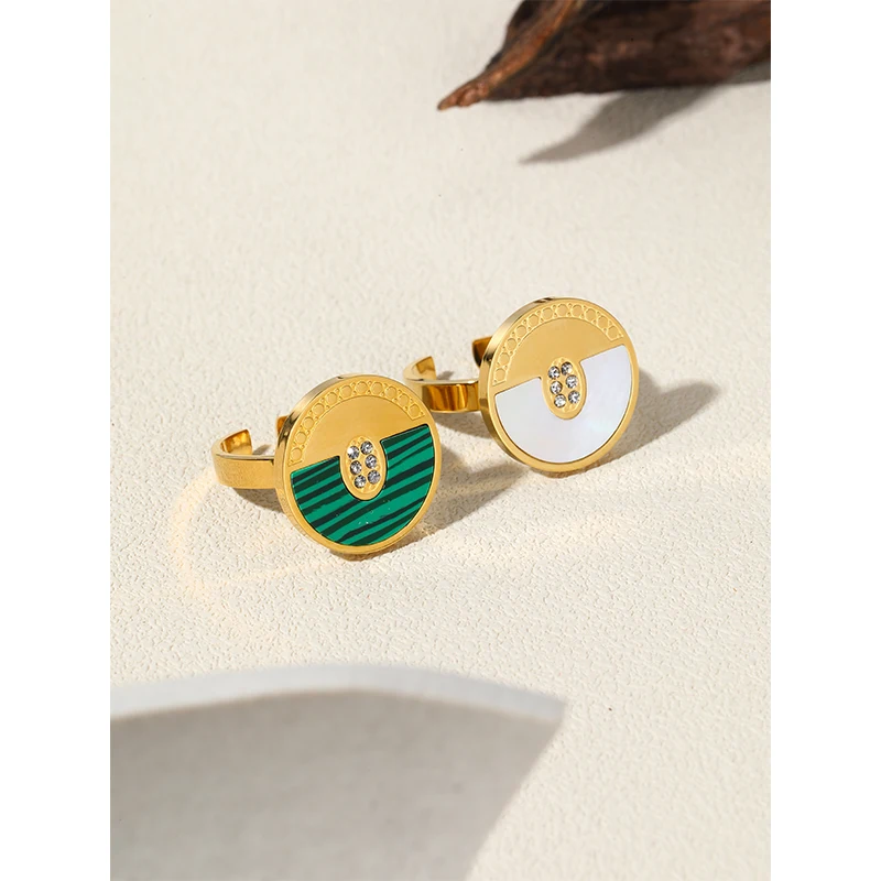 YACHAN 18K Gold Plated Geometric Stainless Steel Rings for Women Shell Malachite Trendy Zircon Luxury Jewelry