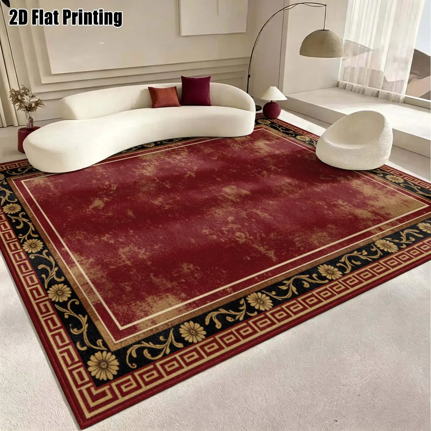 1Pc 2D Printed Retro Red-Bottom Floral Border European Vintage Geometric Home Decor Carpet, Multi-Size, Machine Washable, for Living Room, Bedroom, Dining Room, Entrance, Study
