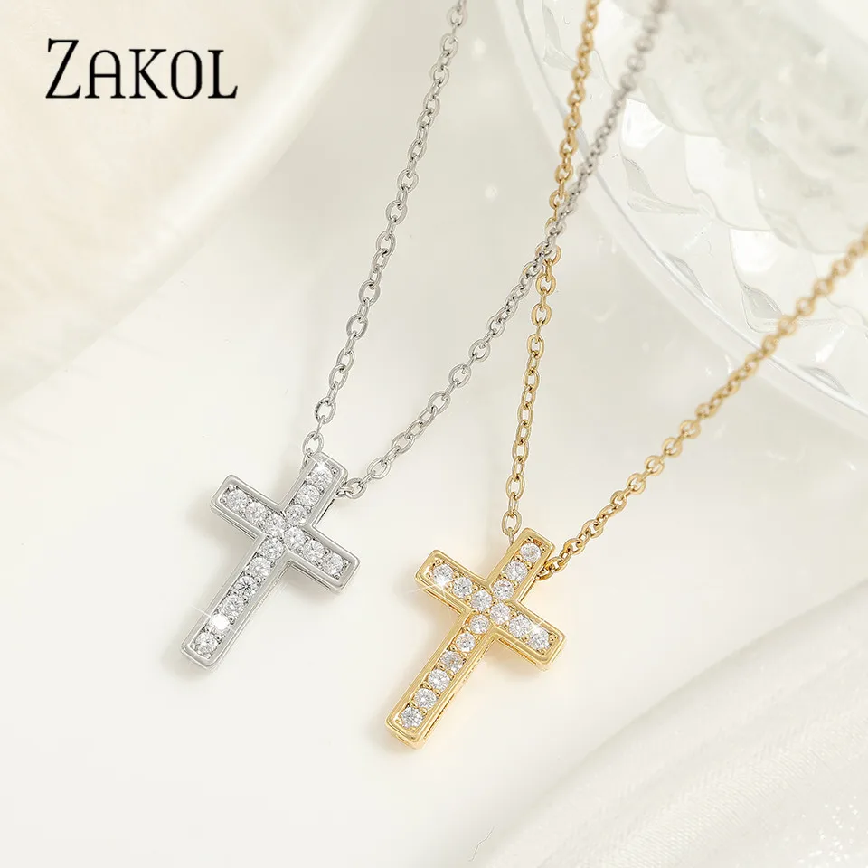 

ZAKOL Zircon Cross Pendant Necklaces For Women 2024 Trend Gold Color Clavicle Chain Necklace Fashion Goth Jewelry