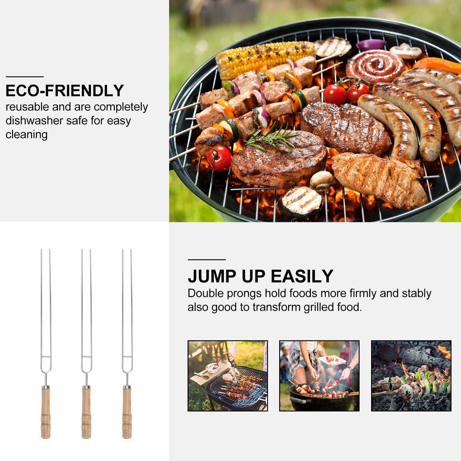 

3pcs Stainless Steel Barbecue Forks Reusable Dishwasher Safe Double Prong Roasting Sticks for Grilling Marshmallow Vegetables