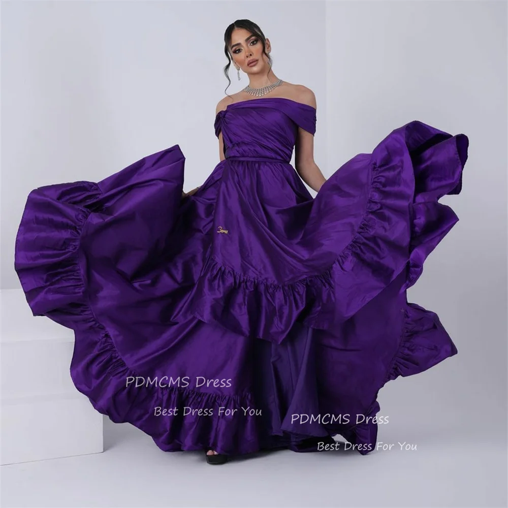 

Vintage Purple Taffeta A-Line Evening Dresses Pleated Off Shoulder فساتين سهرة Long Prom Dress Formal Occasion Gowns Vestidos