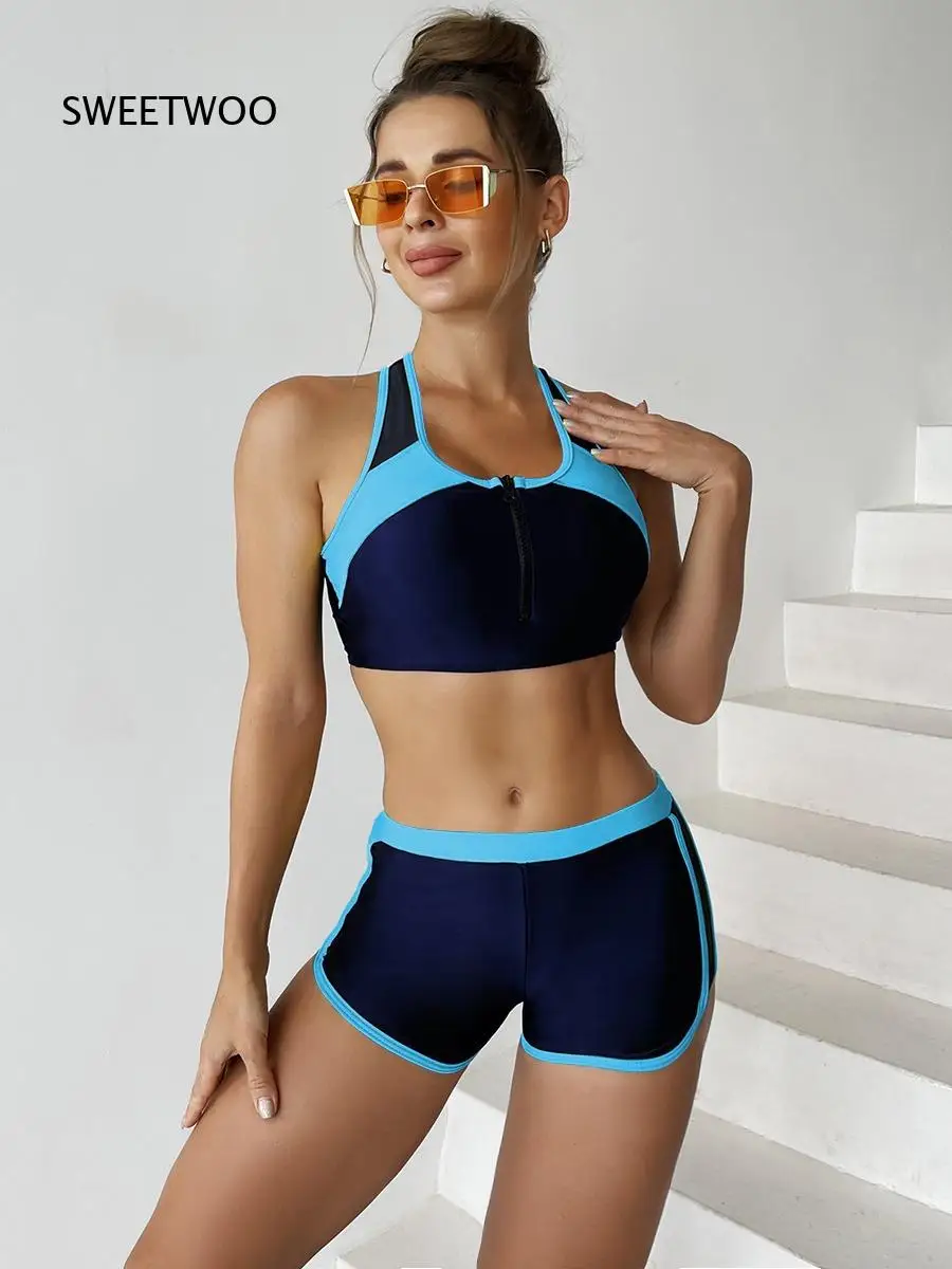 Women 2 Piece Color Block Sport Bikini Set Front Zip Halter Neck Crop Top Boyshort Bottom Swimwear For Surfing Diving Snorkeling
