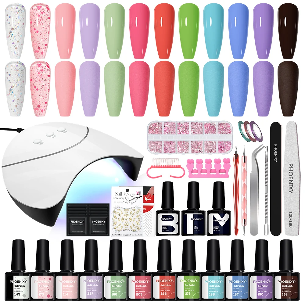 PHOENIXY Nagelgel-Set mit Lampe, 12 Stück, Gel-Nagellack, semi-permanenter Gel-Lack, Basis, matt, Decklack, 8 ml, UV-Gel-Set, Nagelstudio