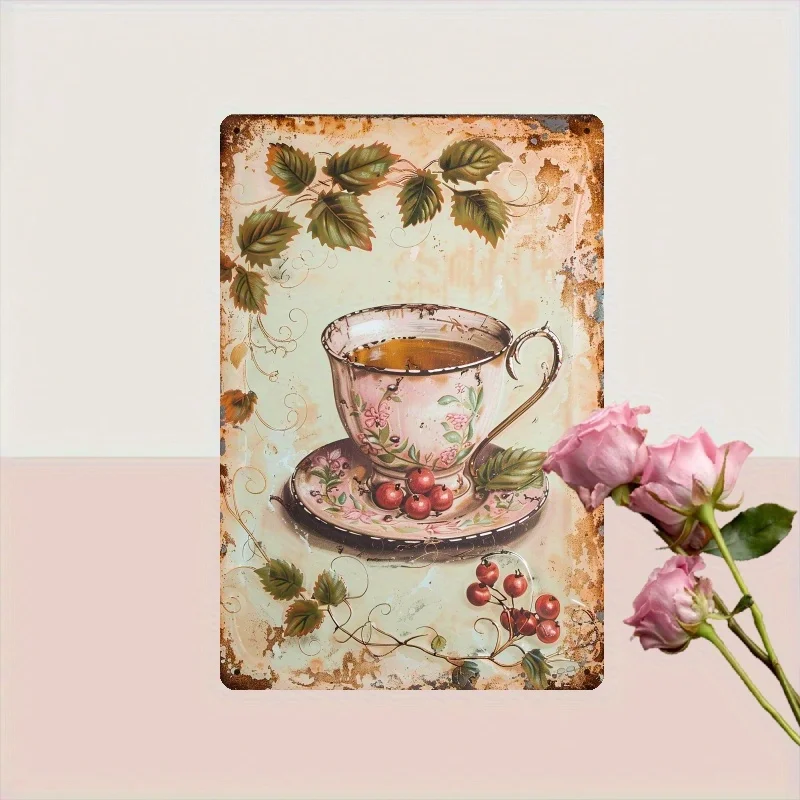 لوحة فنية جدارية معدنية لشاي التوت العتيق، 20.32 × 30.48 سم - ديكور حديد ريفي مع كوب زهور وتصميم التوت، مثالية للمطابخ، P