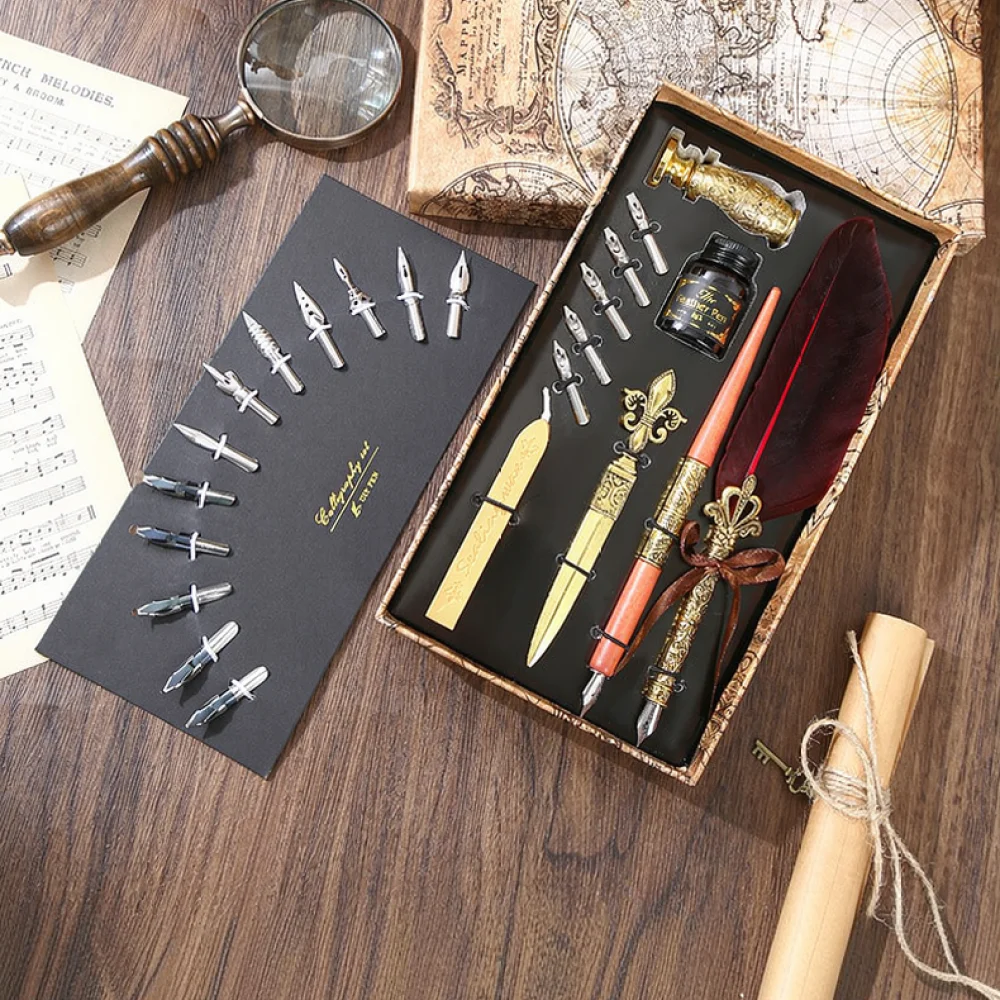 Retro Feather Quill Pen Gift Box Set Professional Calligraphy Dip Pen Stationery With Decorative Seal Wax Tool
