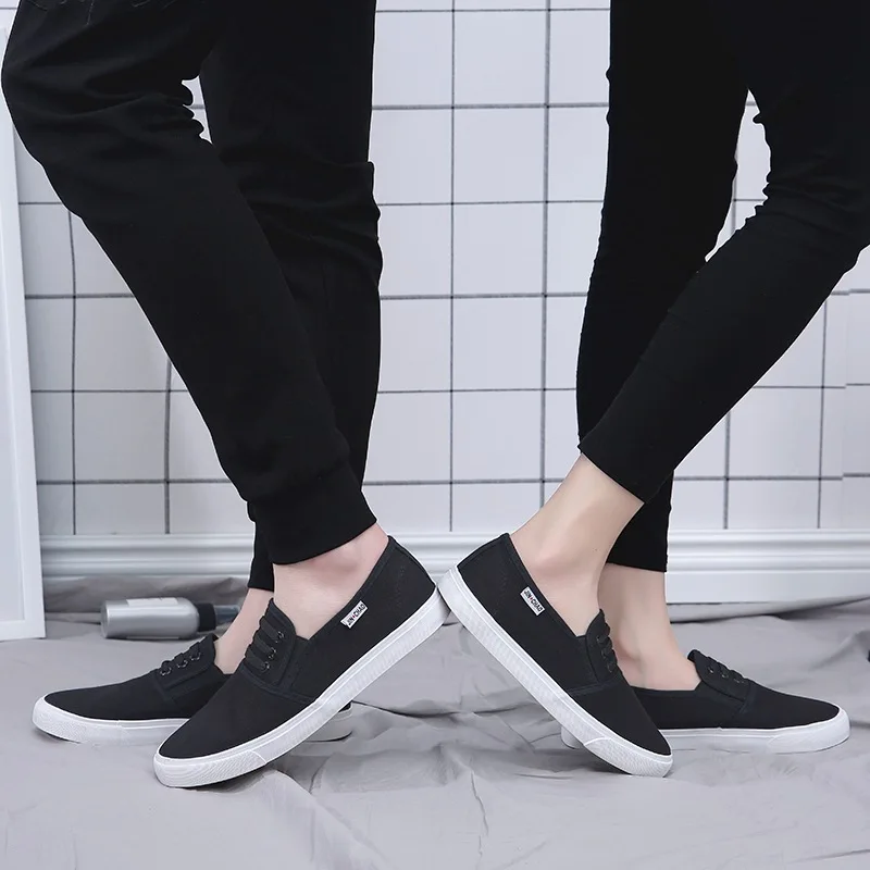 Sapatos de pano masculinos macios e respiráveis slip-on preto puro plano masculino marca sapatos casuais antiderrapantes d557