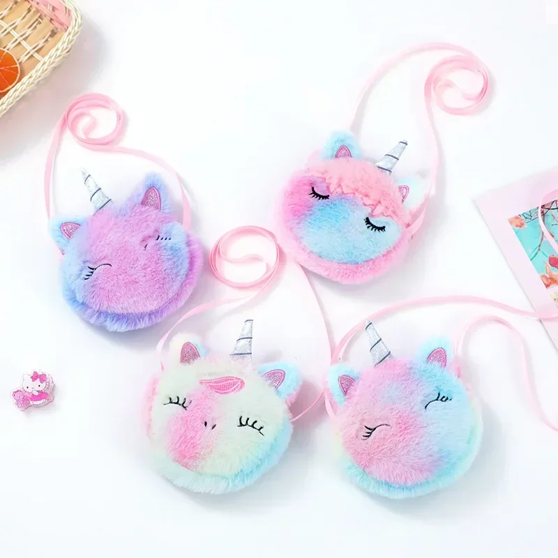 Cartoon Plush Unicorn Round Shoulder Bag Children Cute Coin Purse Kindergarten Girl Crossbody Bag