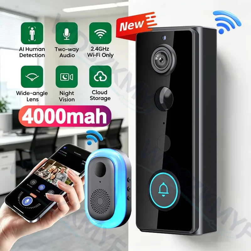 Wi-Fi Outdoor Wireless Doorbell Video Intercom 4000mAh Battery Waterproof Tuya App Access Control and Video Surveillance System