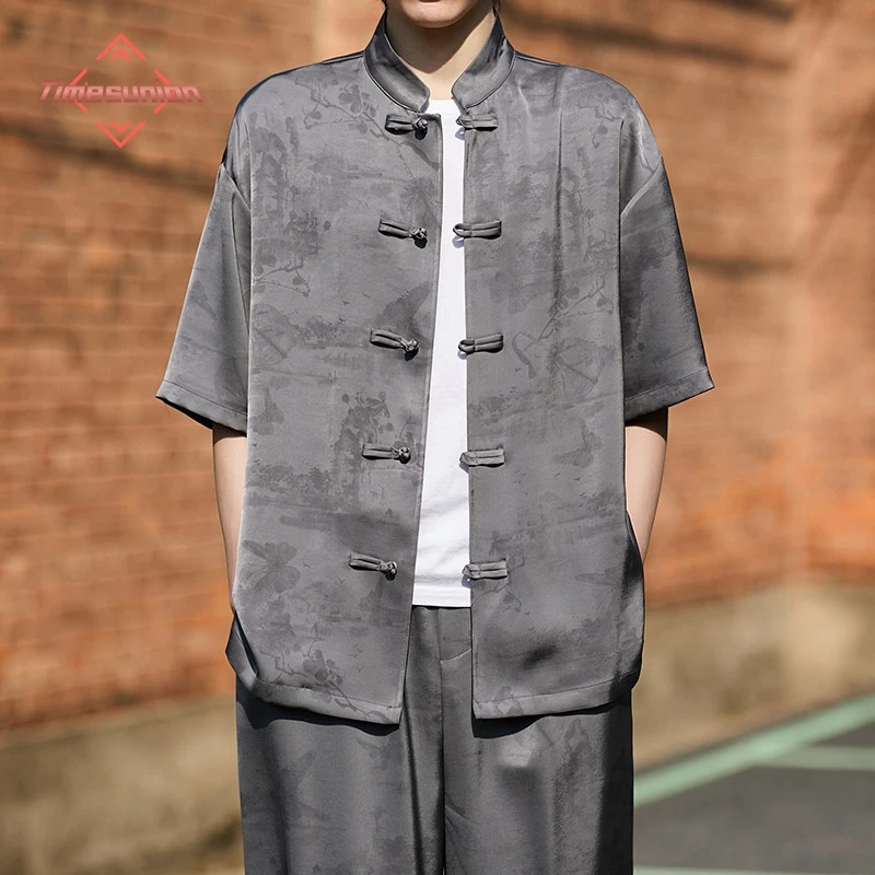 

New Chinese Summer Shorts Shirts for Man Fashion Printed Tang Coat Men's Shirts Disc Buckle Traditional Clothing