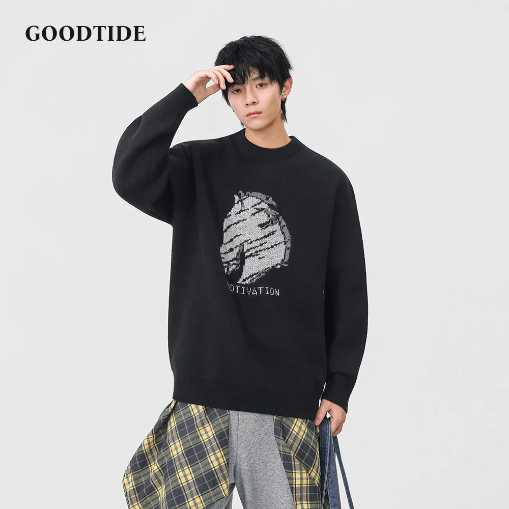 موضة الرجال عادية طاقم الرقبة سترة 2025 شتاء جديد الحصان رئيس نمط إلكتروني طباعة بلوفر مغزول لينة كم طويل #4