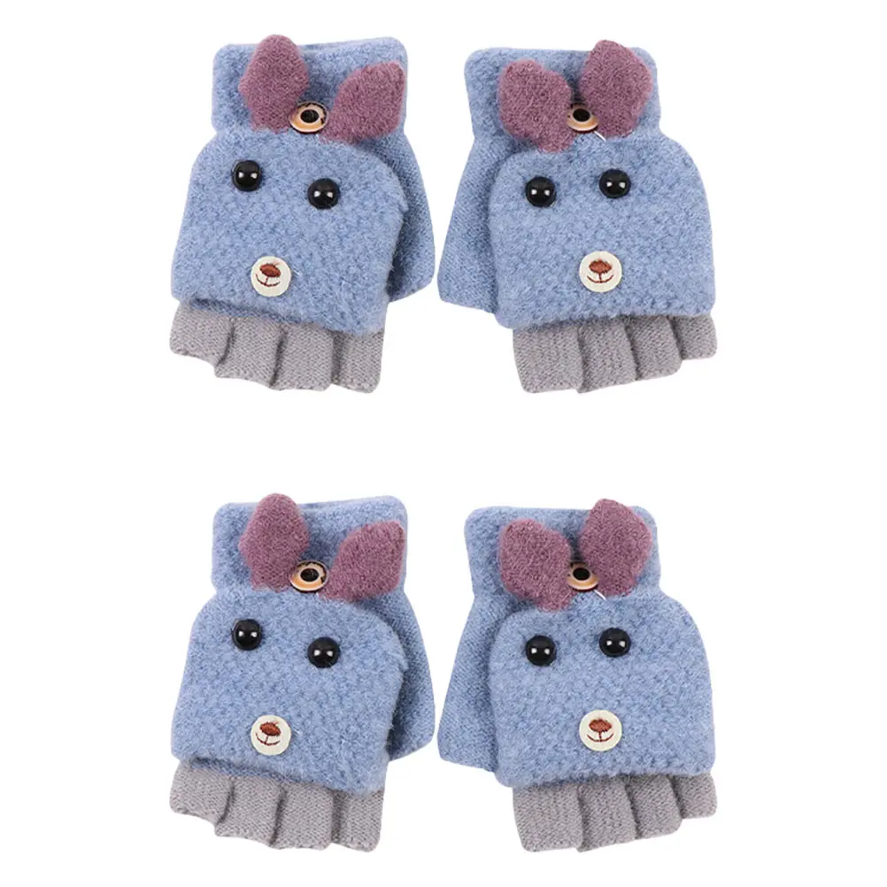

Cartoon Puppy Kid Knitted Gloves 2 Pairs Warm Half Finger Children Cover Student Soft Woolen Yarn Lightweight Compact Gloves