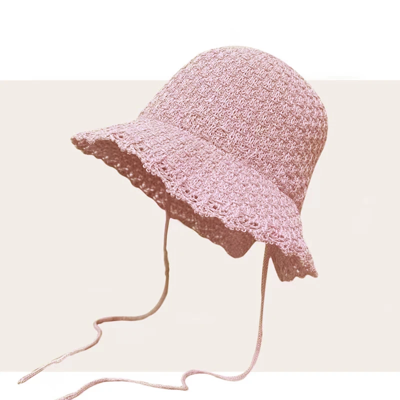 

New Lace Up Knitted Sun Hat for Women 2024 Summer Sweet Travel Sunscreen Bucket Fashion Lady Soft Breathable Fishman Cap Panama