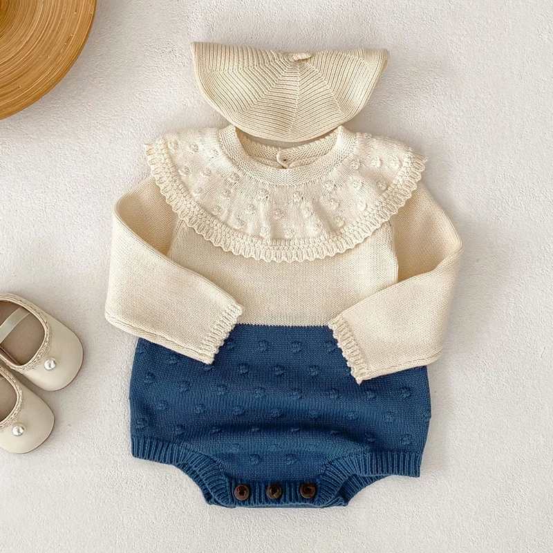 

2025 New Autumn 0-24M Children Knitted Clothes Toddler Baby Girl Knitted Romper Long Sleeved Splice Korean Style Climbing Suit